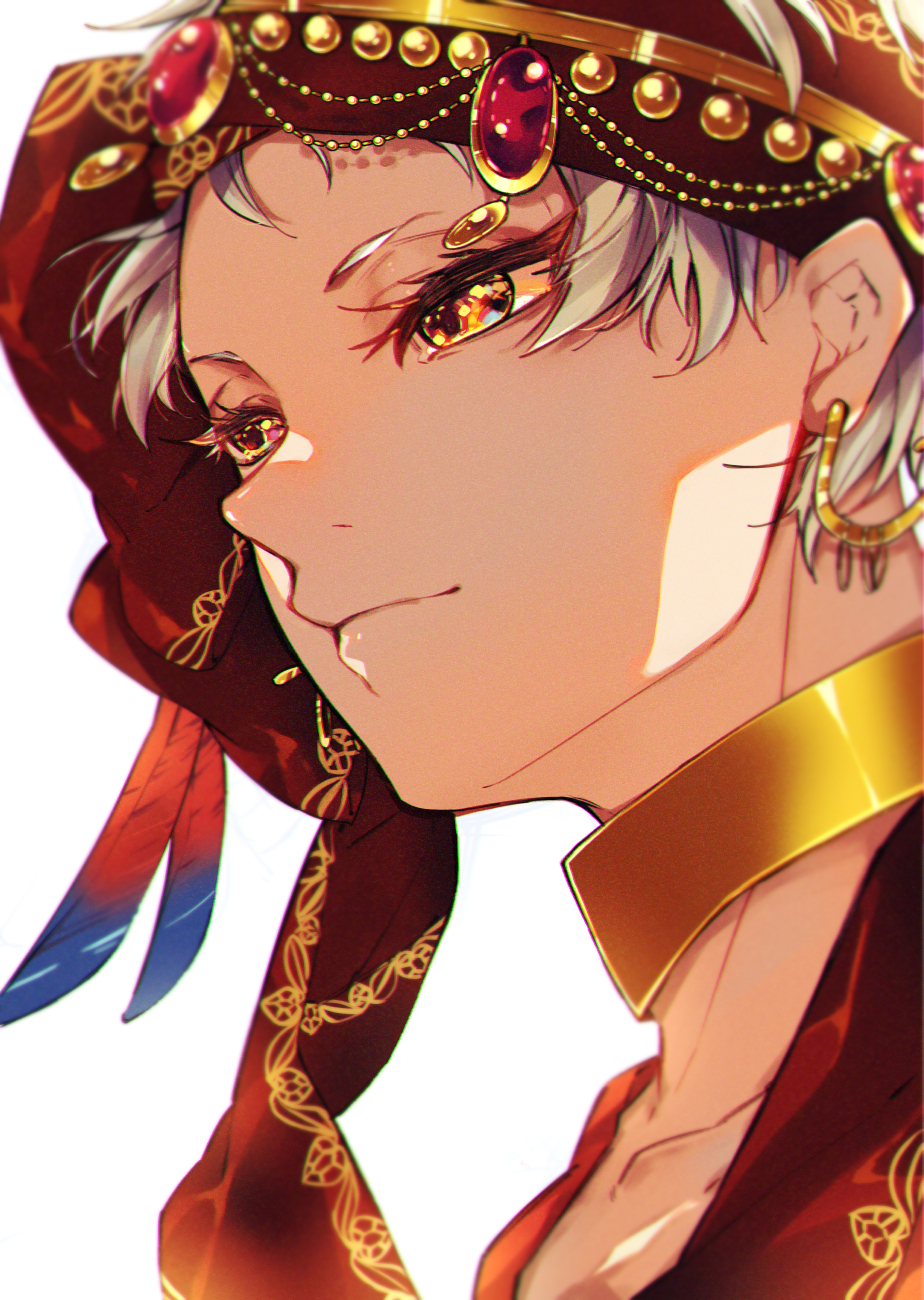 1boy, bad_id, bad_pixiv_id, beads, blurry, close-up, closed_mouth, collarbone