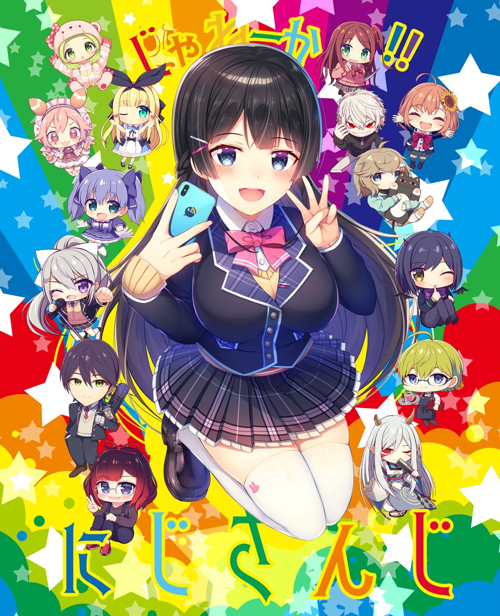 6+girls, akabane_youko, akabane_youko_(1st_costume), black_hair, blazer, blue_eyes, blush, bow, bowtie, braid, breasts, cardigan, cellphone, chibi, closed_eyes, commentary, full_body, hair_ornament, hairclip, highres, higuchi_kaede, higuchi_kaede_(1st_costume), holding, holding_phone, honma_himawari, iwanaga-chan, jacket, kanae_(nijisanji), kenmochi_touya, lapels, large_breasts, loafers, long_hair, long_sleeves, looking_at_viewer, mononobe_alice, morinaka_kazaki, multiple_girls, nijisanji, noukatu, one_eye_closed, open_mouth, phone, pink_bow, plaid_clothes, plaid_lapels, roto_(kanae), school_uniform, shibuya_hajime, shizuka_rin, shizuka_rin_(1st_costume), shoes, sleeves_past_wrists, smartphone, smile, thighhighs, thighs, tsukino_mito, tsukino_mito_(1st_costume), umiyasha_no_kami, ushimi_ichigo, virtual_youtuber, w, white_legwear, yuuki_chihiro, zettai_ryouiki