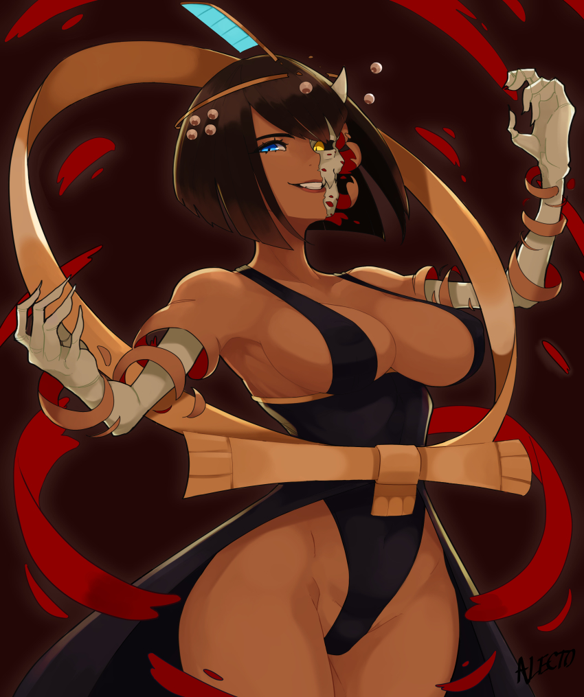 1girl, absurdres, alecto_0, black_background, black_hair, blood, blue_eyes, breasts, circlet, cleavage, cowboy_shot, dark-skinned_female, dark_skin, eliza_(skullgirls), female_focus, highres, large_breasts, leotard, monster_girl, sekhmet_(skullgirls), short_hair, sideboob, skullgirls, smile, solo, standing, yellow_eyes