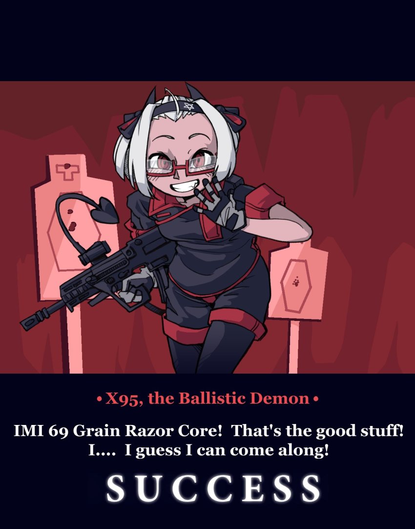 1girl, assault_rifle, bullpup, carbine, demon_girl, demon_horns, demon_tail, english_text