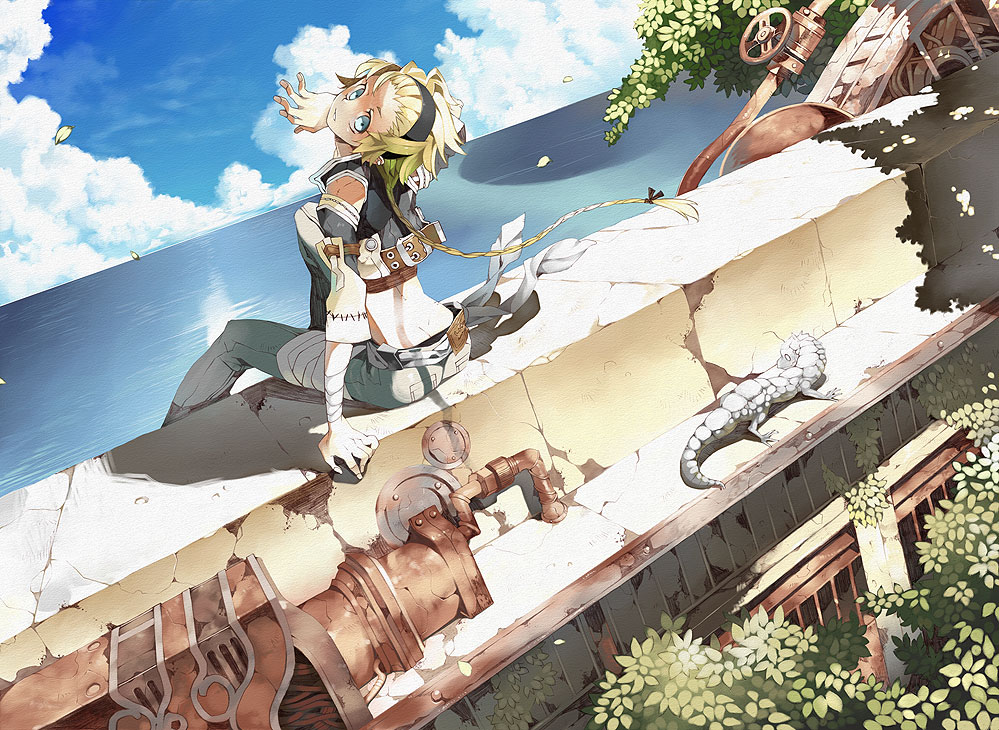 bandages, belt, blonde_hair, blue_eyes, braid, butt_crack, cloud, day