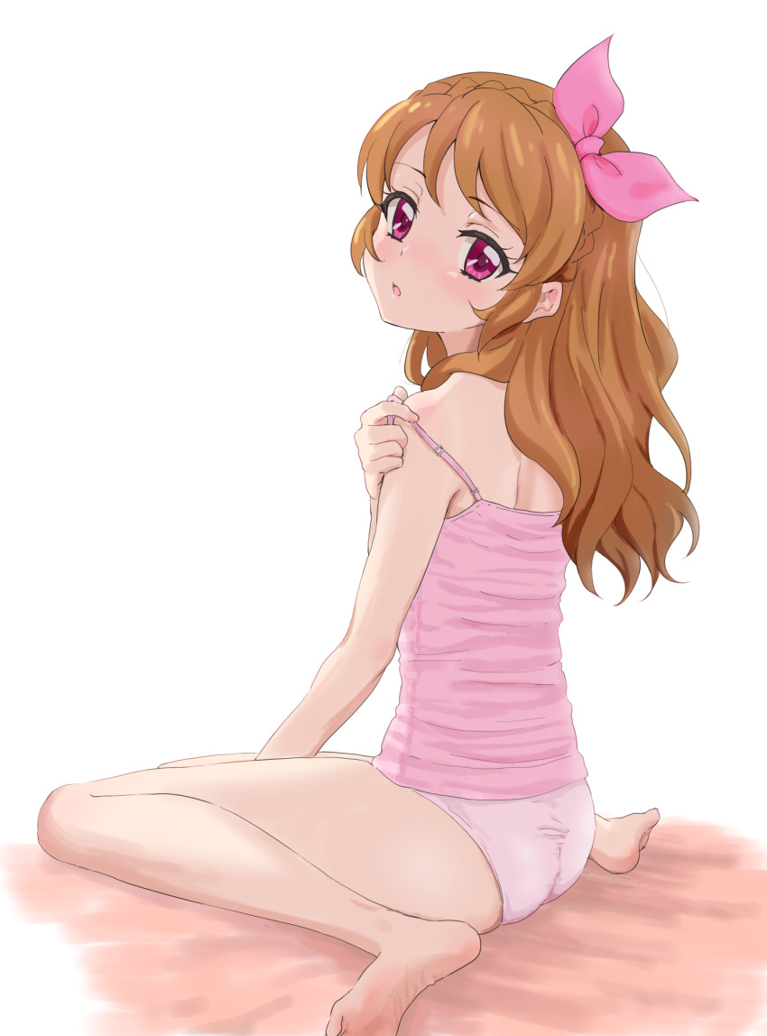 1girl, aikatsu!, aikatsu!_(series), ass, bare_arms, bare_legs, bare_shoulders, barefoot, blush, braid, brown_hair, camisole, crown_braid, female_focus, hair_ribbon, hand_up, head_tilt, highres, long_hair, looking_at_viewer, looking_back, ozora_akari, panties, parted_lips, pink_camisole, pink_panties, pink_ribbon, purple_eyes, ribbon, sincos, sitting, solo, strap_slip, underwear, underwear_only, wariza, white_background