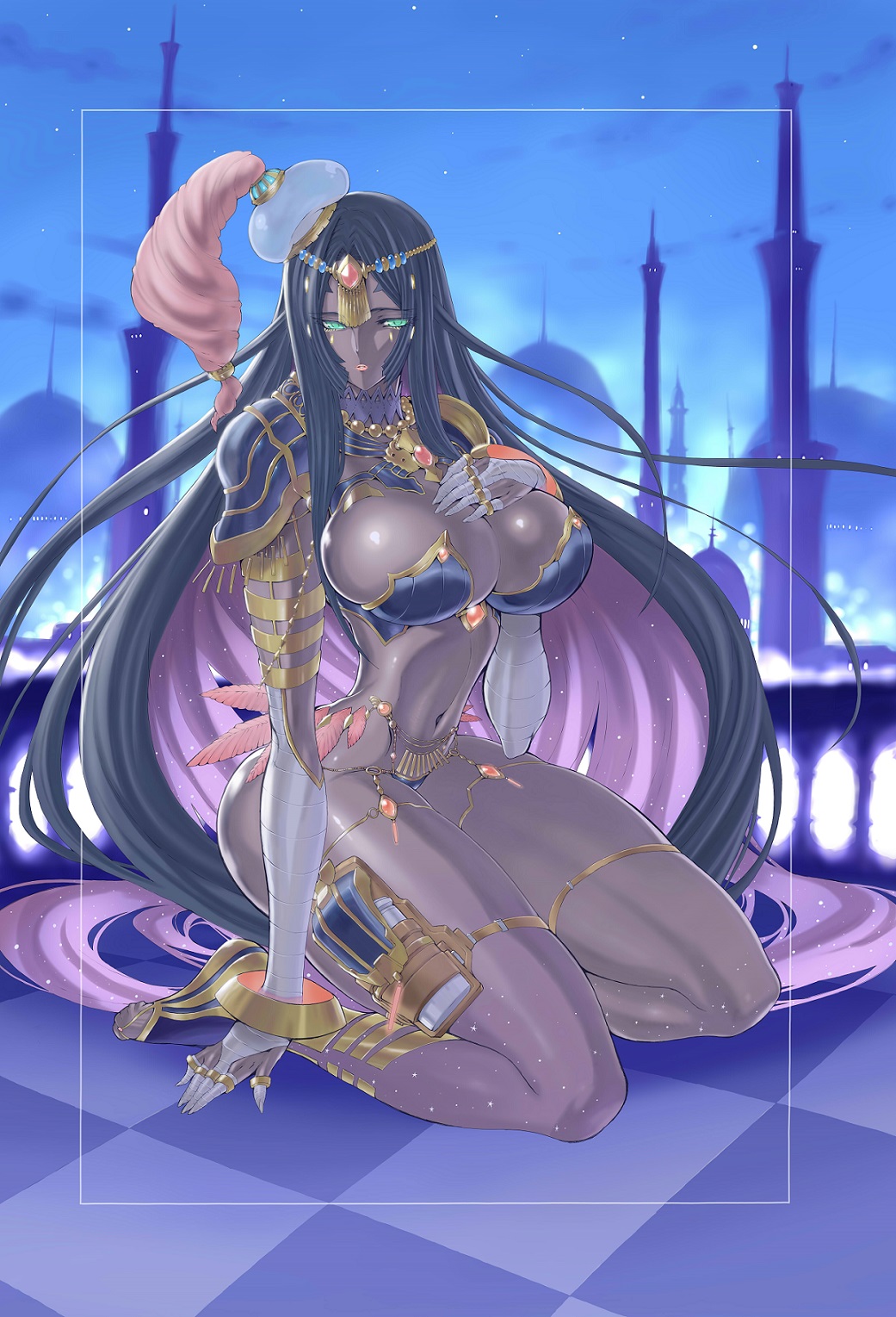 1girl, bandaged_arm, bandages, breasts, checkered_floor, dark_skin, fate/grand_order, fate_(series), feathers, forehead_jewel, green_eyes, hand_on_own_chest, hat, highres, jewelry, large_breasts, lips, logan0241, long_hair, middle_eastern_architecture, night, parted_lips, ring, scheherazade_(fate), scheherazade_(third_ascension)_(fate), sky, thighs
