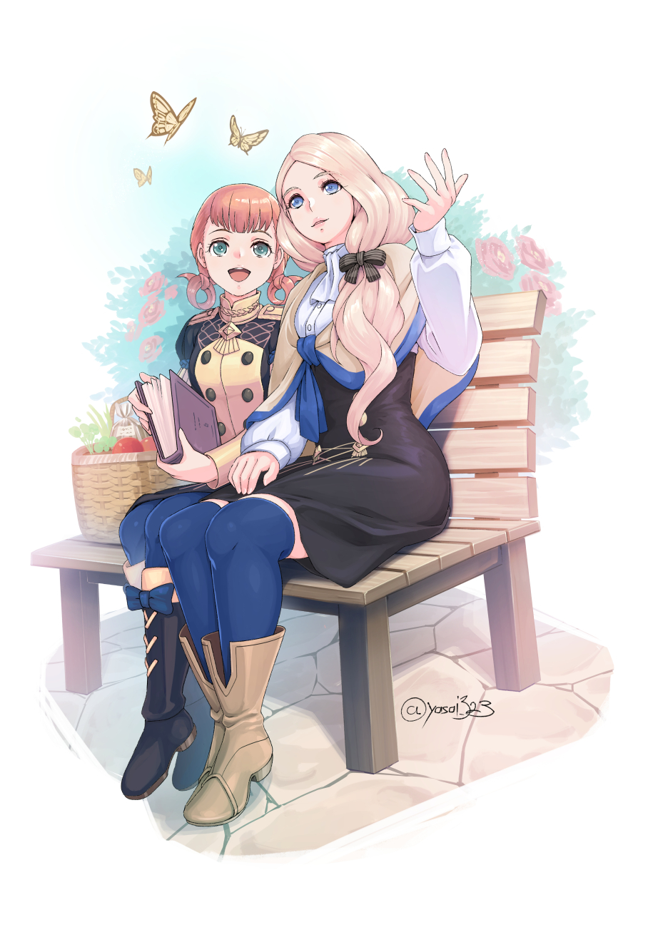 2girls, annette_fantine_dominic, bench, blonde_hair, blue_eyes, blue_pantyhose, blue_thighhighs, book