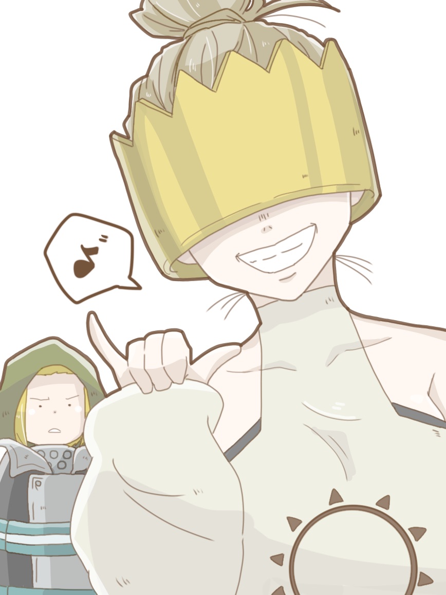 1boy, 1girl, arthur_boyle, blonde_hair, breasts, crown, en'en_no_shouboutai, faceless