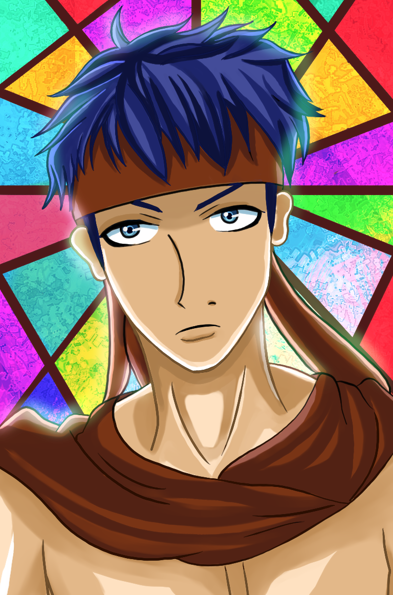 1boy, angry, blue_eyes, blue_hair, fire_emblem, headband, headset, hirokimura, ike_(fire_emblem), male_focus, nintendo, red_scarf, scarf, self-upload, stained_glass, topless_male
