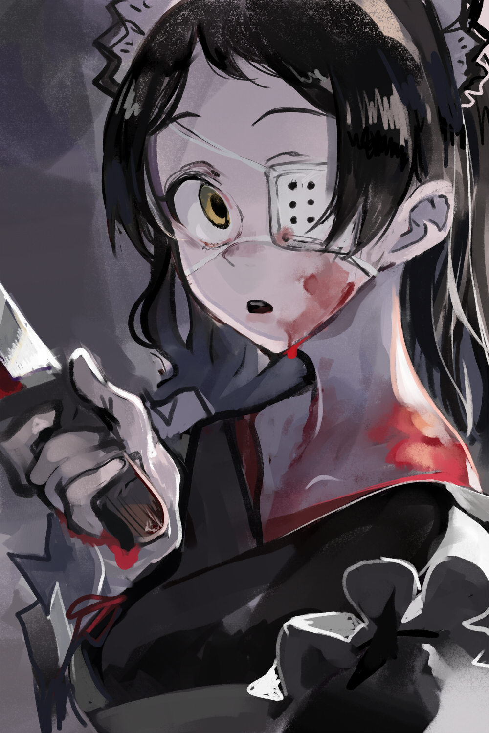 1girl, alternate_costume, black_hair, black_lilith_(last_origin), blood, breasts, eyepatch, female_focus