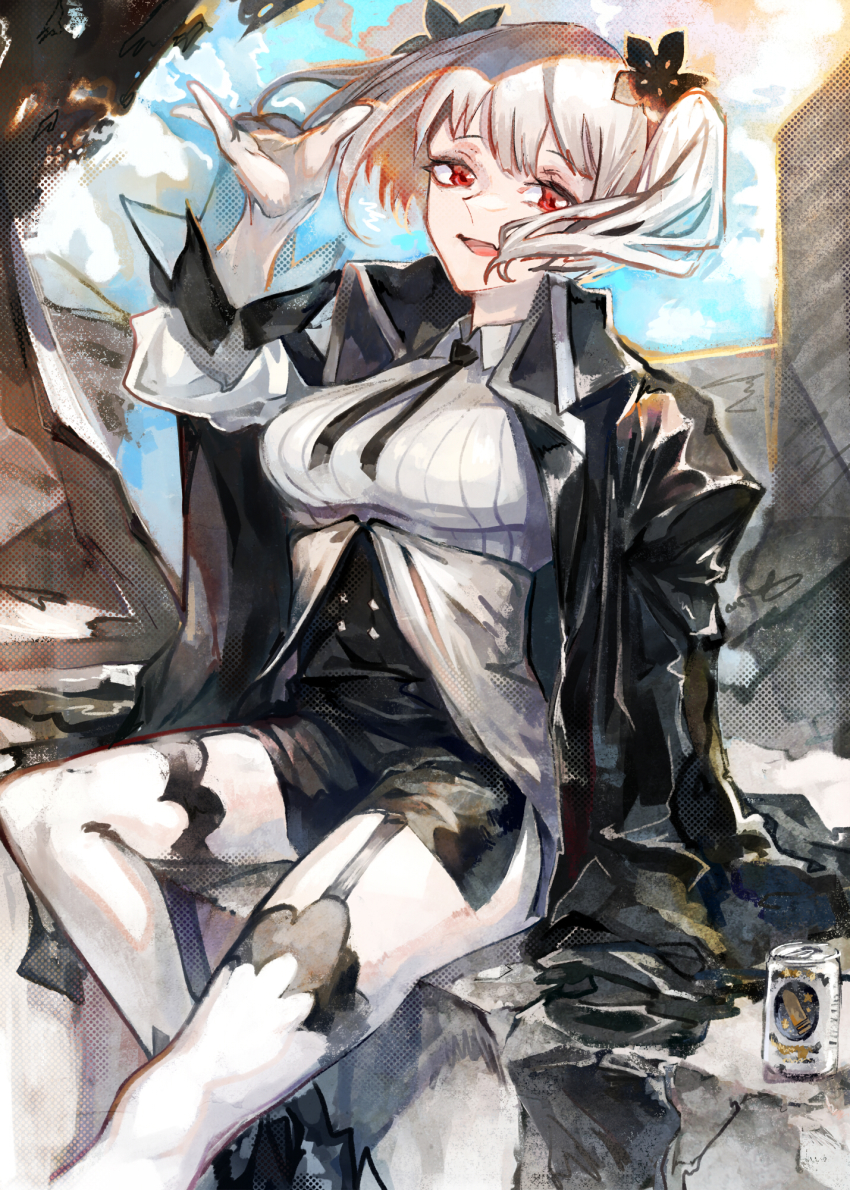1girl, :d, arcaea, beer_can, breasts, can, coat, dress