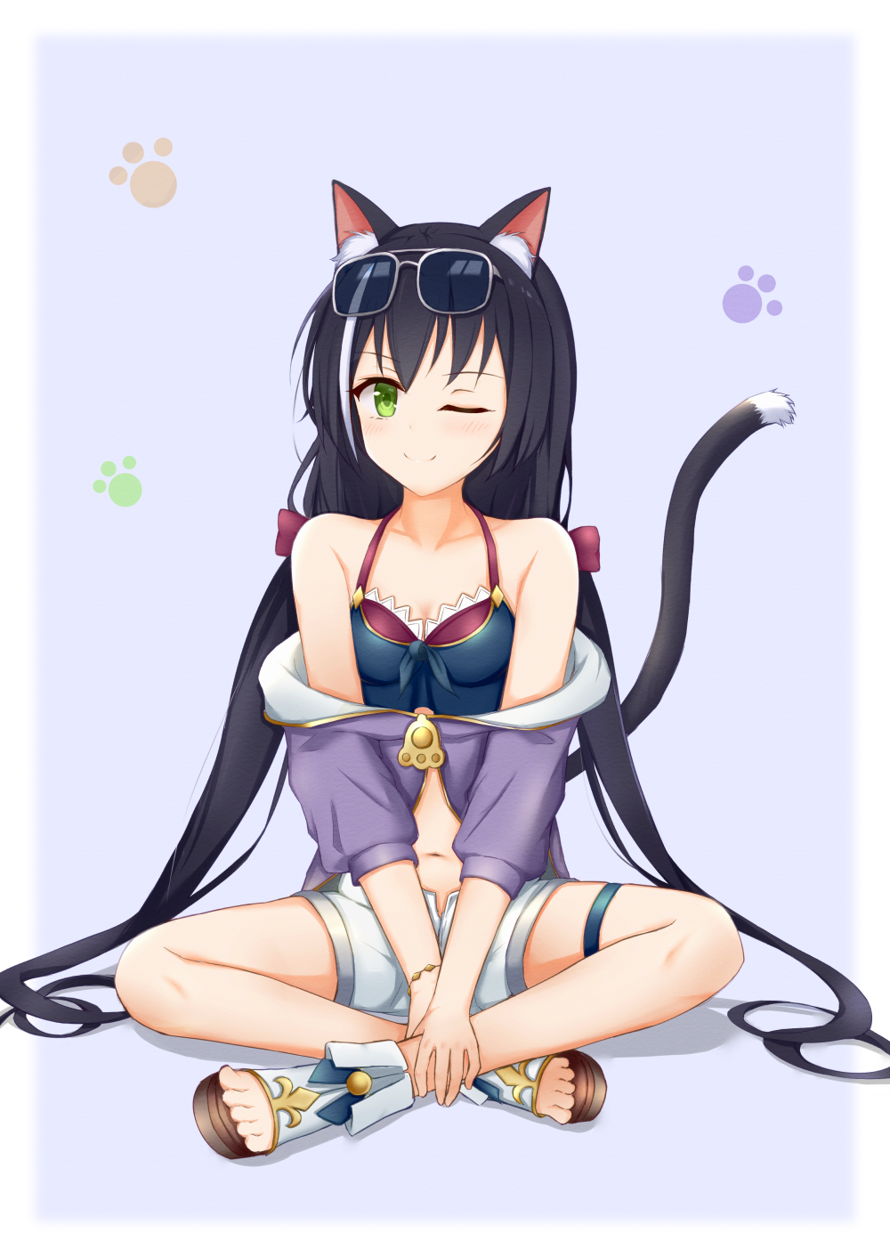 1girl, animal_ear_fluff, animal_ears, bare_shoulders, black_hair, blue_background, blush, breasts
