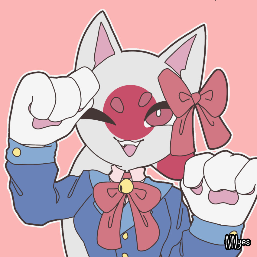 1girl, animal_ears, animal_hands, bell, blue_jacket, cat_ears, cat_tail, colored_skin, commentary, countryhumans, english_commentary, fangs, female_focus, happy, highres, jacket, japan_(countryhumans), looking_at_viewer, nnyes, one_eye_closed, open_mouth, pink_background, red_eyes, red_ribbon, ribbon, signature, simple_background, smile, solo, tail, teeth, thick_eyebrows, tongue, white_skin