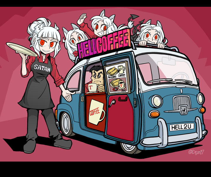 1boy, 4girls, abarth, animal_ear_fluff, animal_ears, apron, blunt_bangs, brown_apron