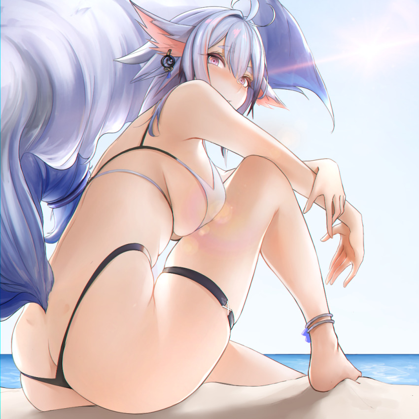 1girl, antenna_hair, ass, aviator_sunglasses, azur_lane, bare_legs, barefoot, beach