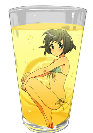 1girl, barefoot, bikini, black_hair, cup, drink, female_focus, front-tie_top