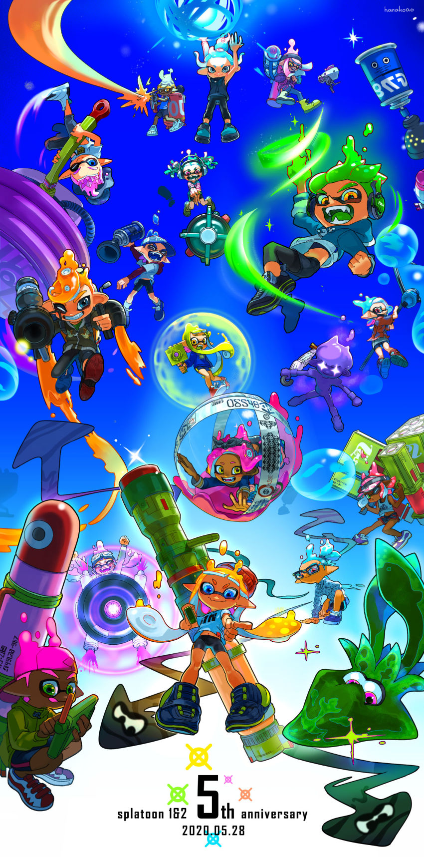 6+boys, 6+girls, absurdres, anniversary, bike_shorts, blue_sky, dark_skin, dated