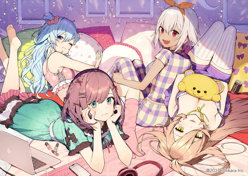 4girls, :d, bare_shoulders, barefoot, bed_sheet, blue_eyes, blue_hair, braid