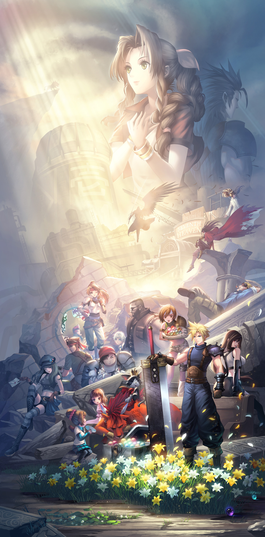 6+boys, 6+girls, absurdres, aerith_gainsborough, barret_wallace, bench, betty_(ff7), biggs_(ff7), broken_glass, buster_sword, cait_sith_(final_fantasy), cd, chadley_(ff7), cloud, cloud_strife, cloudy_sky, copyright_name, diamond_dust_(omega), everyone, final_fantasy, final_fantasy_vii, final_fantasy_vii_remake, flower, glass, highres, jessie_rasberry, johnny_(ff7), kyrie_canaan, light_rays, lily_(flower), lucrecia_crescent, marlene_wallace, multiple_boys, multiple_girls, outdoors, overcast, pew, plant, planted, planted_sword, planted_weapon, red_xiii, ruins, scenery, sephiroth, single_wing, sky, smoke, sunbeam, sunlight, sword, tifa_lockhart, tower, vincent_valentine, weapon, wedge_(ff7), wings, wooden_floor, yuffie_kisaragi, zack_fair