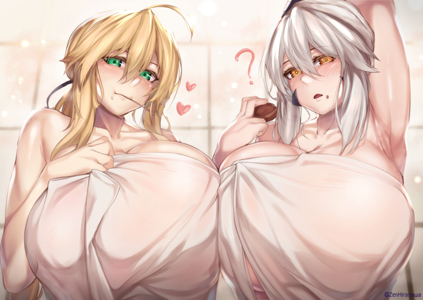 2girls, :t, ?, ahoge, artoria_pendragon_(fate), artoria_pendragon_(lancer)_(fate), artoria_pendragon_(lancer_alter)_(fate), bathroom, blonde_hair, breast_press, breasts, chocolate, chocolate_on_face, fate/grand_order, fate_(series), food, food_on_face, green_eyes, heart, hirasawa_seiji, huge_breasts, looking_at_viewer, multiple_girls, naked_towel, pocky, symmetrical_docking, towel, white_hair, yellow_eyes