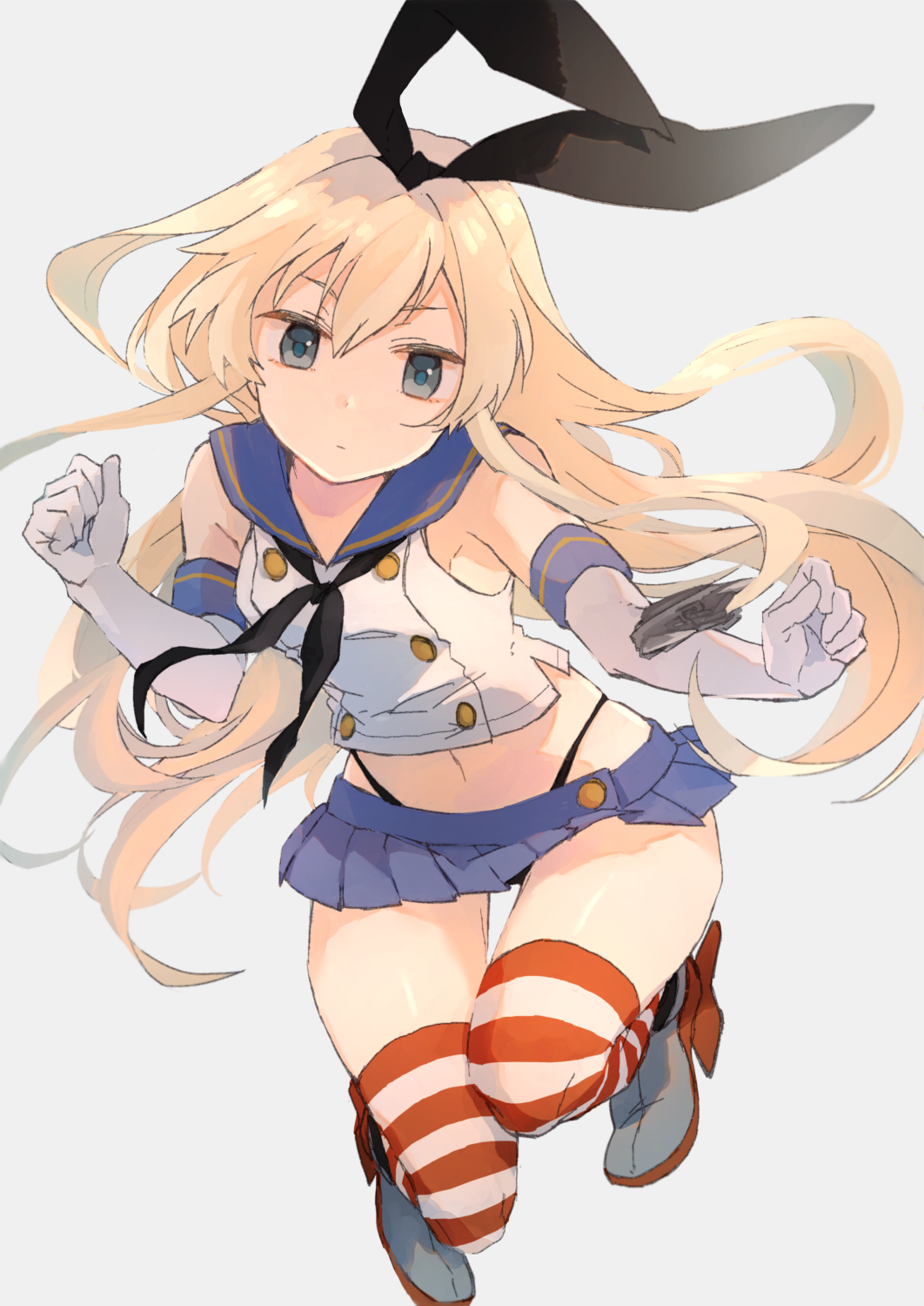 1girl, 8ne_(nitika127), black_neckerchief, black_panties, blonde_hair, blue_sailor_collar, blue_skirt, crop_top, elbow_gloves, female_focus, full_body, gloves, grey_background, grey_eyes, hair_between_eyes, highleg, highleg_panties, highres, kantai_collection, long_hair, miniskirt, navel, neckerchief, panties, pleated_skirt, sailor_collar, school_uniform, serafuku, shimakaze_(kancolle), simple_background, skirt, sleeveless, solo, striped_clothes, striped_thighhighs, thighhighs, underwear, white_gloves