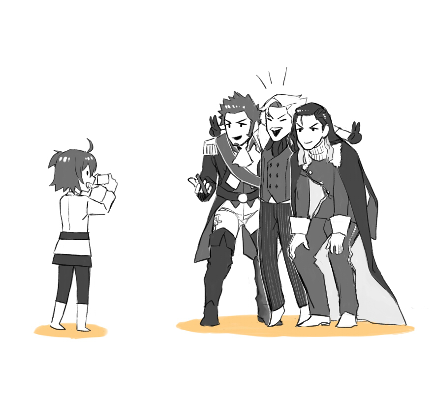 1girl, 3boys, ascot, beard, belt, boots, chibi, chibi_inset