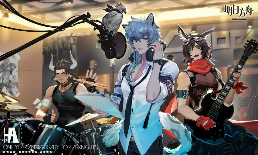 3boys, :d, animal_ear_fluff, animal_ears, anniversary, arknights, bird, black_gloves