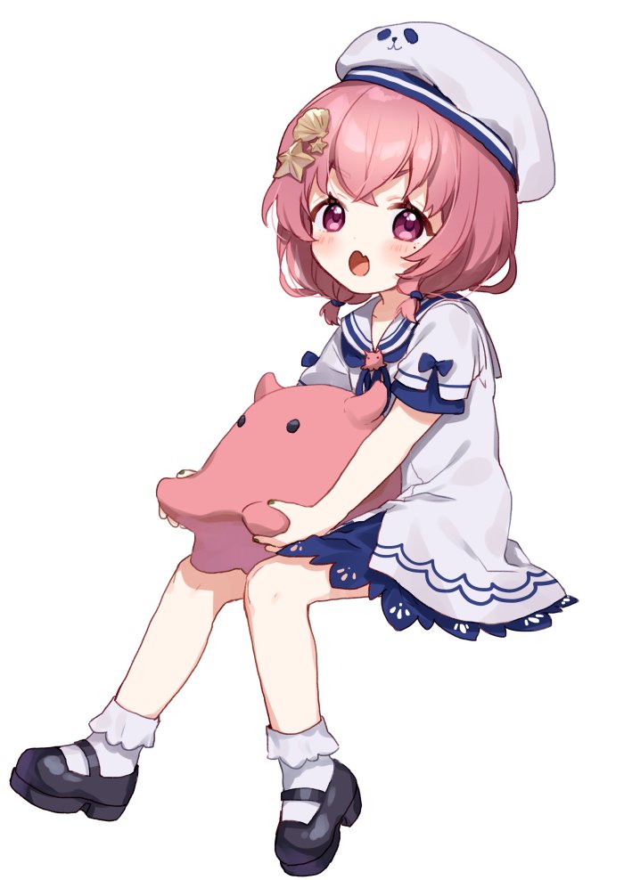 1girl, :o, aged_down, beret, black_shoes, blue_bow, blue_ribbon, blush