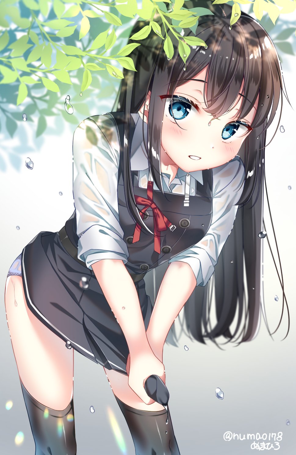 1girl, artist_name, asashio_(kancolle), asashio_kai_ni_(kancolle), black_hair, black_thighhighs, blue_eyes, commentary_request