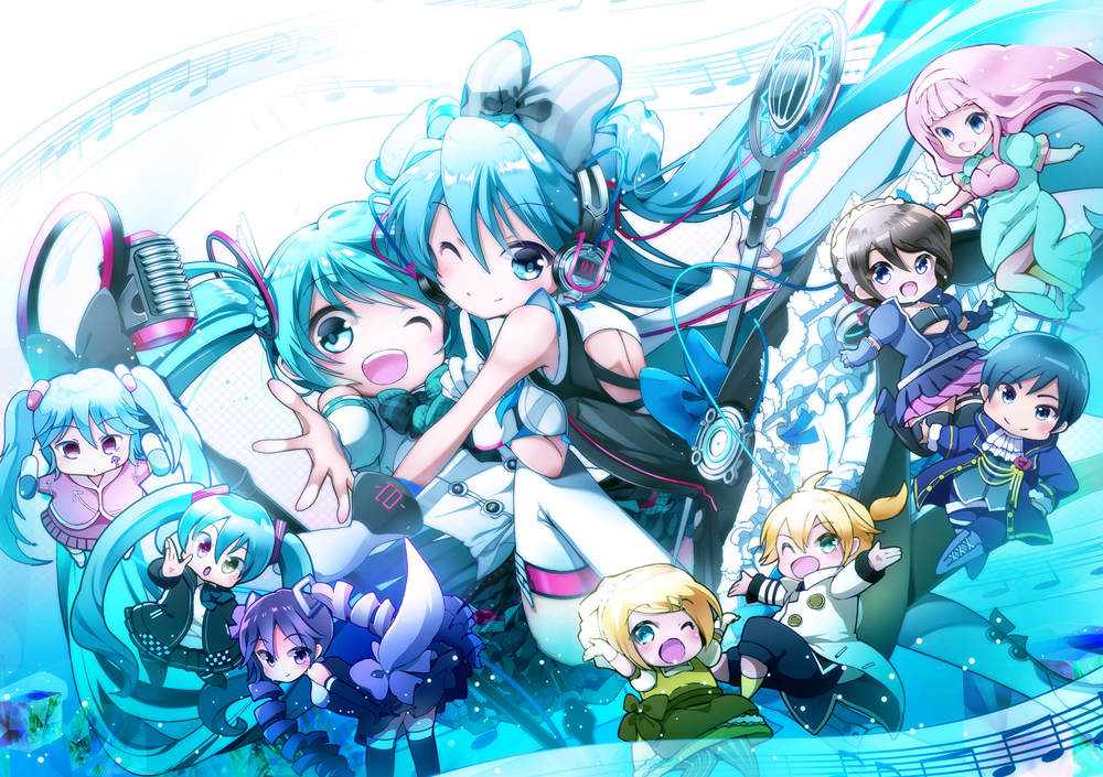 2boys, 6+girls, absurdly_long_hair, aqua_dress, aqua_hair, back_cutout, bare_shoulders, beamed_eighth_notes