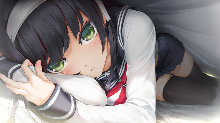 1girl, bishoujo_mangekyou, bishoujo_mangekyou:_kotowari_to_meikyuu_no_shoujo, bishoujo_mangekyou_(series), black_hair, black_thighhighs, eyeshadow, female_focus, foreshortening, game_cg, green_eyes, hairband, happoubi_jin, long_hair, looking_at_viewer, lying, makeup, non-web_source, on_side, parted_lips, pleated_skirt, renge_(bishoujo_mangekyou), school_uniform, serafuku, skirt, solo, thighhighs, under_covers, very_long_hair