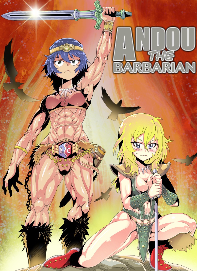 2girls, abs, andou_(girls_und_panzer), armor, barbarian, bc_freedom_(emblem), bikini, bikini_armor