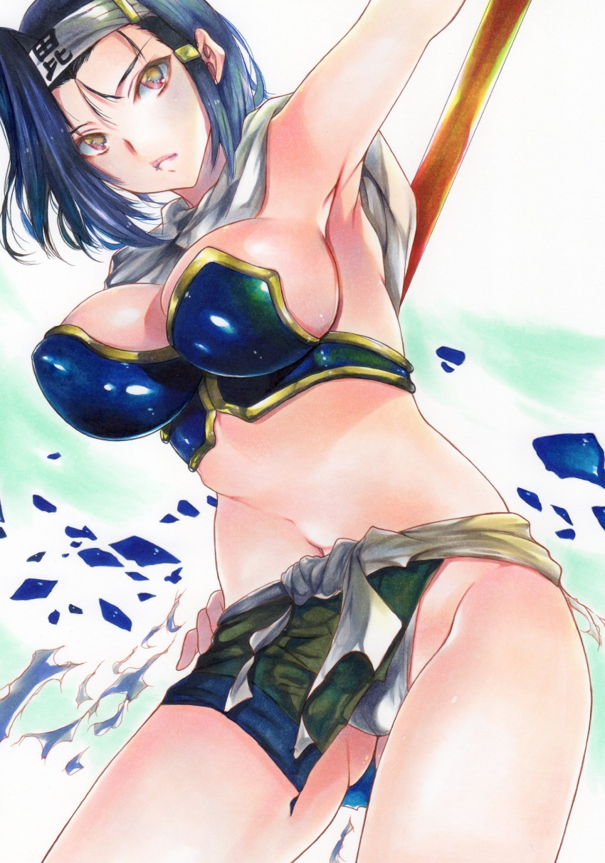 1girl, absurdres, armpits, blue_hair, breasts, cleavage, closed_mouth, cowboy_shot