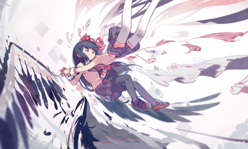 2girls, akemi_homura, akuma_homura, black_hair, blush, bow, brown_footwear, falling, feathered_wings, highres, holding, holding_hands, hug, kaname_madoka, knoll_the_plaid, long_hair, mahou_shoujo_madoka_magica, mahou_shoujo_madoka_magica:_hangyaku_no_monogatari, multiple_girls, pantyhose, pink_bow, pink_hair, red_ribbon, ribbon, school_uniform, short_hair, simple_background, skirt, smile, tears, thighhighs, ultimate_madoka, wings, yuri