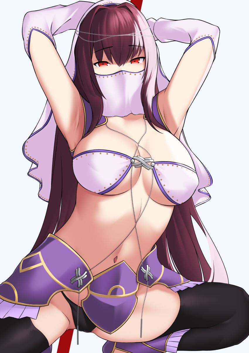 1girl, alternate_costume, armpits, arms_behind_head, arms_up, bare_shoulders, bbk_(13zk), black_thighhighs, breasts, cleavage, detached_sleeves, fate/grand_order, fate_(series), gae_bolg_(fate), hair_intakes, highres, large_breasts, long_hair, looking_at_viewer, mouth_veil, navel, polearm, purple_hair, red_eyes, scathach_(fate), scathach_(rune_priestess_garb)_(fate), simple_background, spear, thighhighs, thighs, veil, weapon, white_background