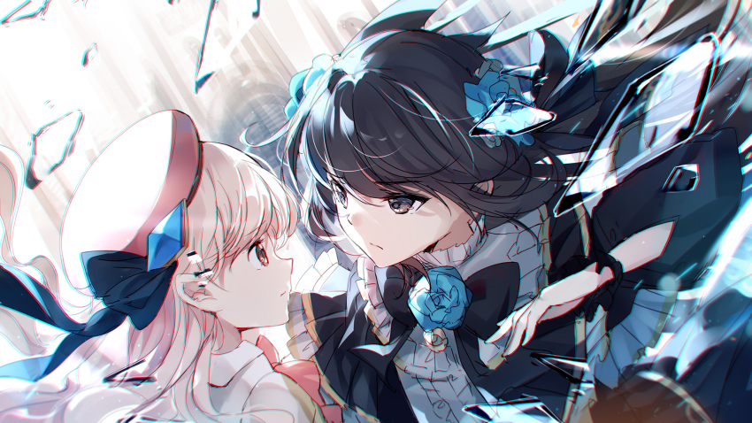 2girls, arcaea, bison_cangshu, black_bow, black_dress, black_eyes, black_hair, blue_flower