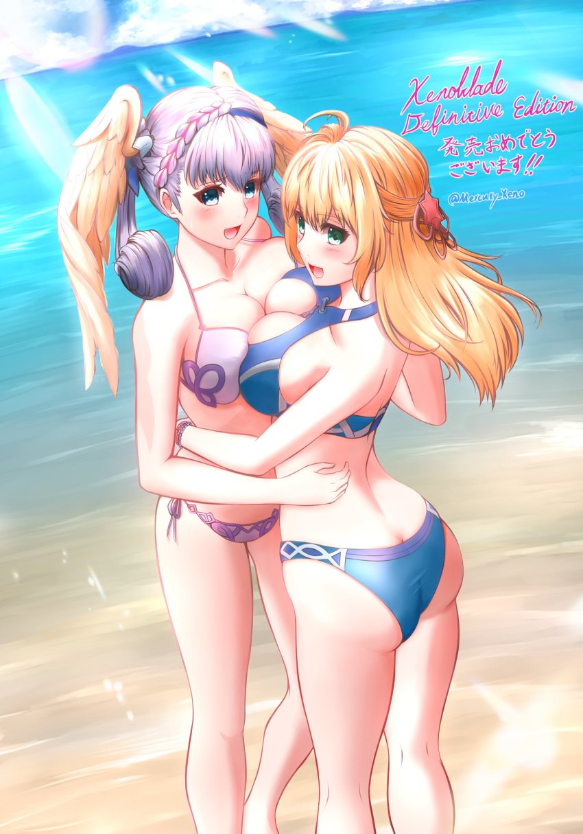 2girls, ass, bikini, blonde_hair, blue_eyes, breast_press, breasts, butt_crack