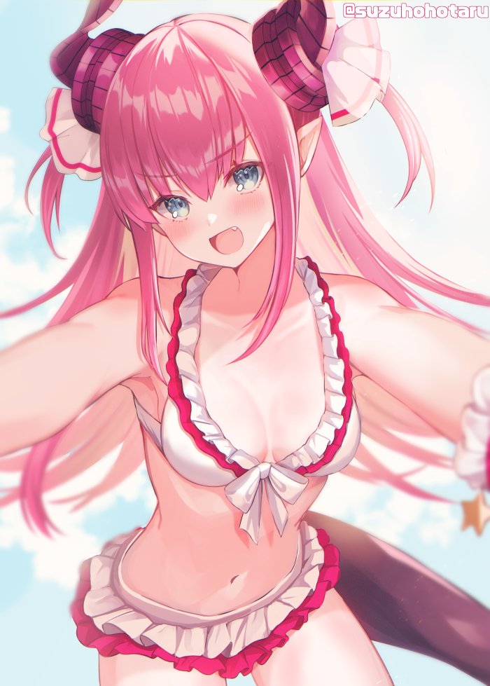 1girl, bare_shoulders, bikini, bikini_skirt, blue_eyes, blush, breasts, collarbone