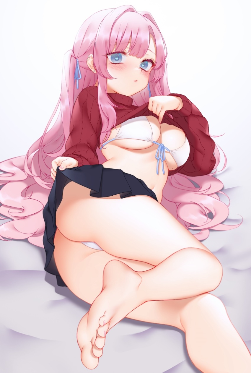 1girl, ass, barefoot, black_skirt, blue_eyes, bra, breasts, cleavage