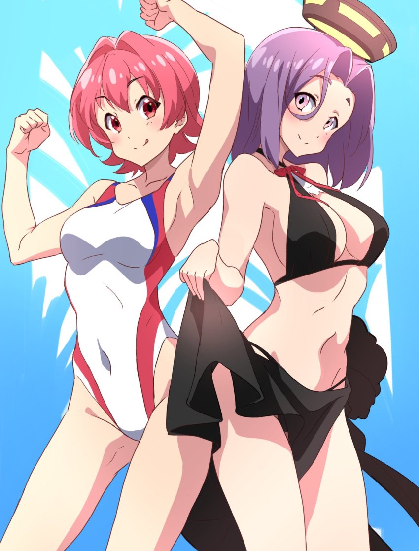 2girls, ao_iro, back-to-back, bikini, black_bikini, black_sarong, breasts, commentary_request