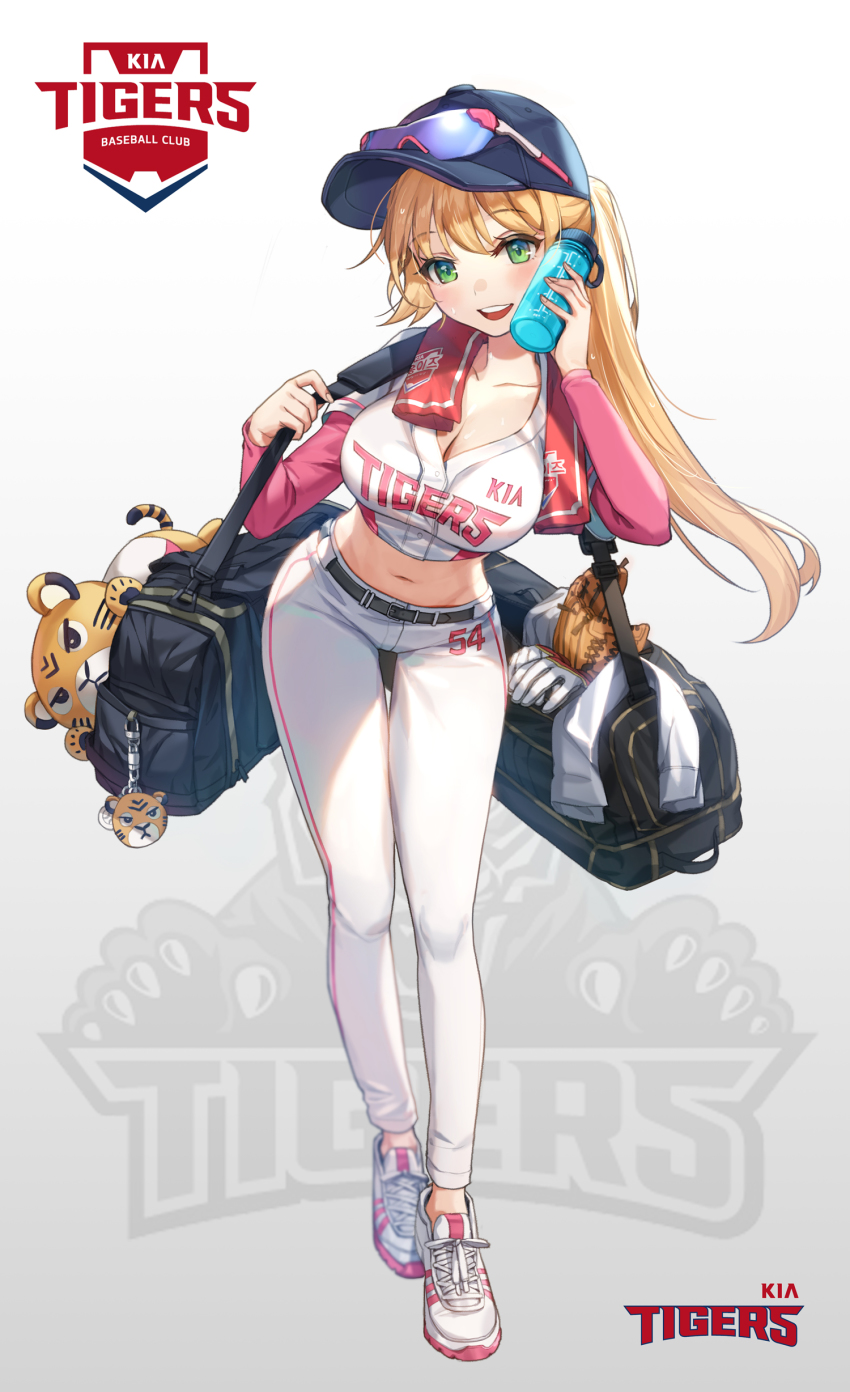 1girl, :d, absurdres, bag, baseball_cap, baseball_glove, belt, black_hat, blonde_hair, blush, bottle, bottle_to_cheek, breasts, character_request, cleavage, clothes_writing, crop_top, duffel_bag, eyewear_on_headwear, female_focus, gradient_background, green_eyes, grey_background, hat, highres, holding, holding_bottle, kbo_league, kia_tigers, large_breasts, leaning_forward, long_hair, long_sleeves, midriff, open_mouth, pants, piyo_(piyo8415), ponytail, shoes, smile, sneakers, solo, stuffed_animal, stuffed_tiger, stuffed_toy, teeth, thigh_gap, towel, towel_around_neck, upper_teeth_only, white_pants, white_shoes
