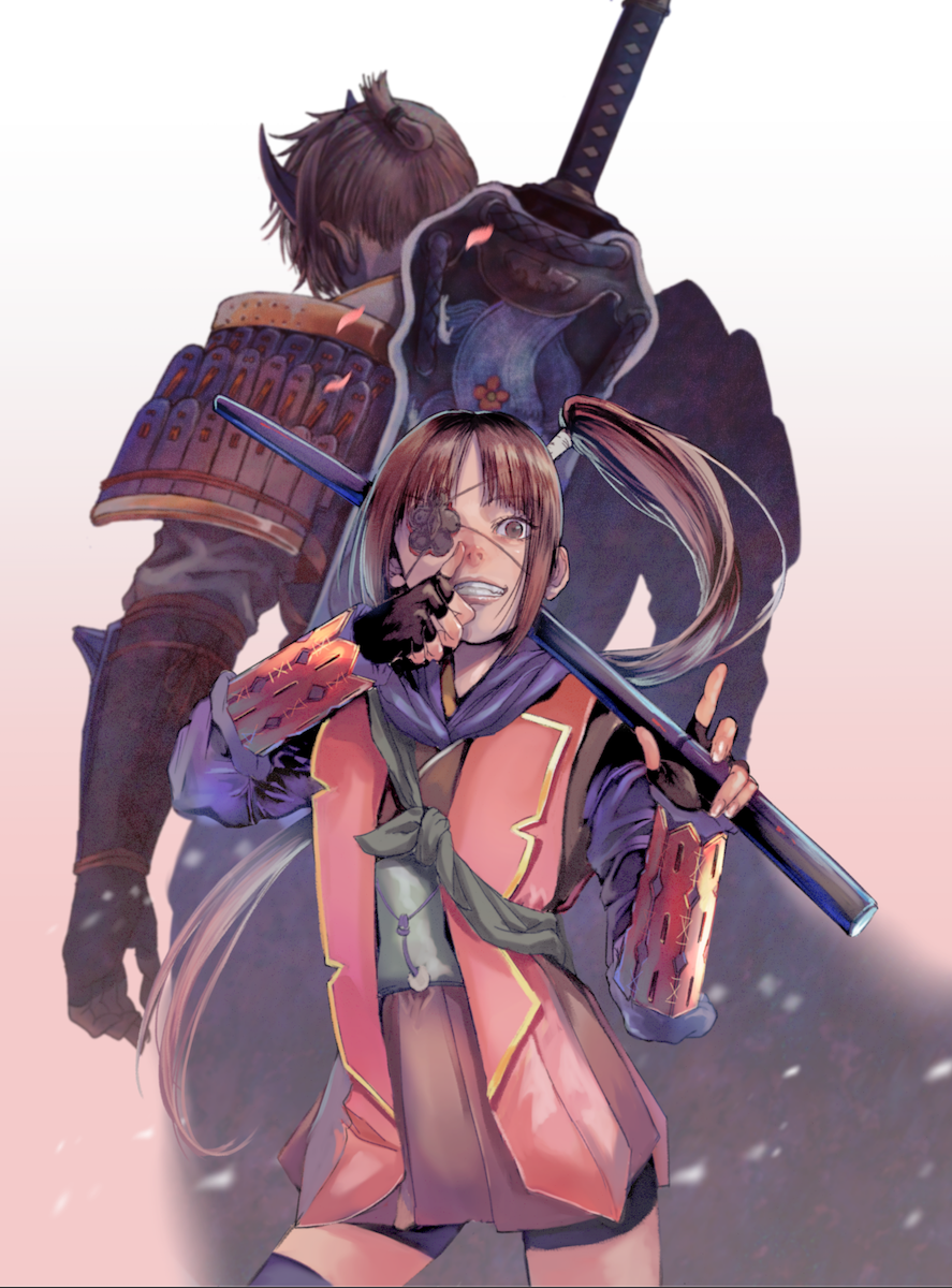 1boy, 1girl, armor, back-to-back, black_gloves, black_shorts, black_thighhighs, brown_eyes