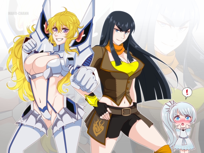 3girls, ahoge, asymmetrical_legwear, belt, black_gloves, black_hair, black_shorts, blonde_hair, blue_eyes, boots, breasts, brown_jacket, buckle, cleavage, commission, cropped_jacket, crossover, dress, earrings, ember_celica_(rwby), fingerless_gloves, fire, gloves, gun, high_collar, high_heels, jacket, jewelry, junketsu, kamui_(kill_la_kill), kill_la_kill, kiryuuin_satsuki, lace, lace-trimmed_skirt, lace_trim, large_breasts, long_hair, long_sleeves, manu-chann, midriff, multiple_girls, necklace, orange_scarf, patreon, pendant, petticoat, ponytail, puffy_short_sleeves, puffy_sleeves, purple_eyes, revealing_clothes, rwby, scar, scar_across_eye, scar_on_face, scarf, shell_casing, shirt, short_sleeves, shorts, shotgun, side_ponytail, skirt, stomach, strapless, strapless_dress, swap, thick_eyebrows, thigh_boots, thighhighs, thighs, tiara, tube_top, uneven_legwear, vambraces, waist_cape, wavy_hair, weapon, weiss_schnee, white_dress, white_hair, white_legwear, wide_sleeves, yang_xiao_long, yellow_shirt