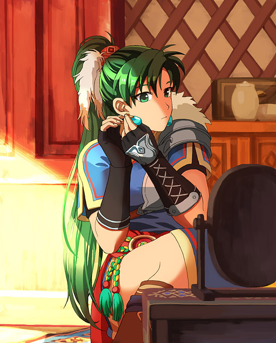 1girl, armor, asymmetrical_bangs, blue_dress, boots, donta30303, dress, earrings, feet_out_of_frame, female_focus, fingerless_gloves, fire_emblem, fire_emblem:_the_blazing_blade, fire_emblem_heroes, fur, gloves, green_eyes, green_hair, hair_ornament, hands_up, high_ponytail, jewelry, long_hair, lyn_(fire_emblem), lyn_(lady_of_the_wind)_(fire_emblem), nintendo, official_alternate_costume, ponytail, putting_on_earrings, putting_on_jewelry, shadow, short_sleeves, shoulder_armor, side_slit, sitting, solo, sunlight, undershirt