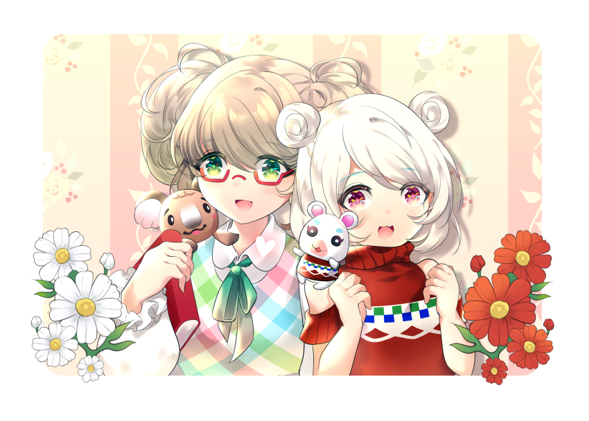 2girls, :d, animal_crossing, bare_shoulders, blush, book, brown_hair, character_request