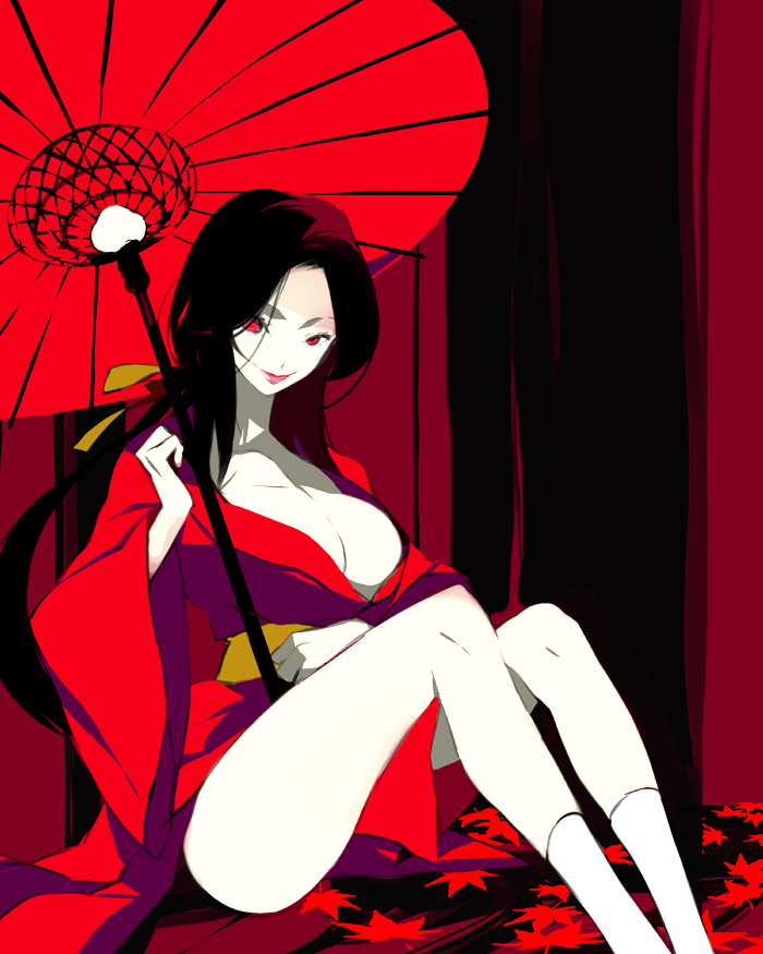 1girl, akeginu, basilisk_(manga), black_hair, black_theme, breasts, dress, japanese_clothes, kimono, kuroameman, large_breasts, legs, long_hair, low_neckline, red_dress, red_theme, red_umbrella, umbrella