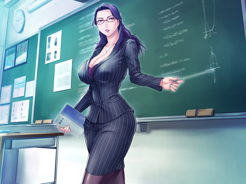 1girl, book, breasts, chalkboard, classroom, cleavage, curvy, female_focus
