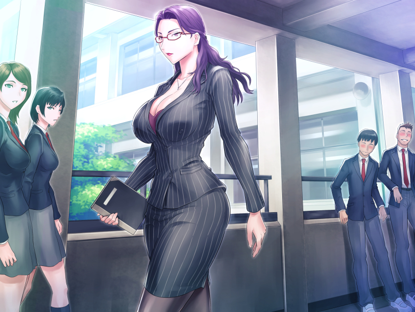 3girls, black_hair, blush, book, breasts, cleavage, closed_mouth, curvy