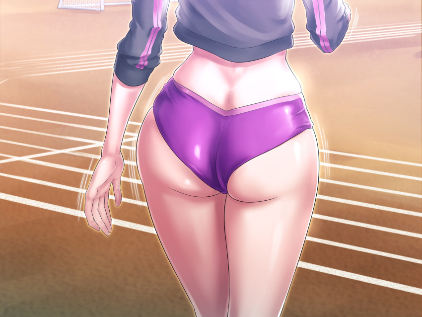 1girl, ass, ass_focus, bare_legs, buruma, butt_crack, close-up, cowboy_shot