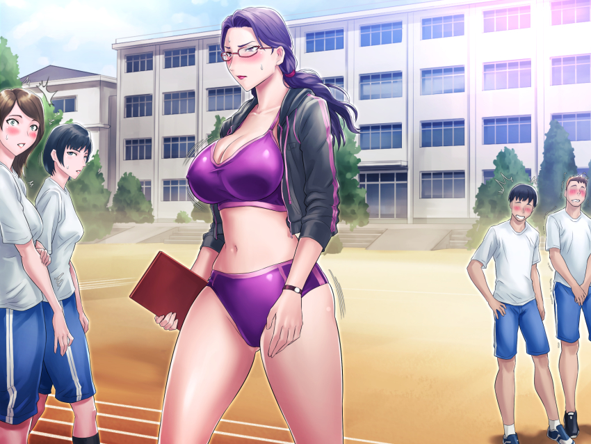 2boys, 3girls, blush, bouncing_breasts, breasts, buruma, cleavage, closed_mouth, covered_erect_nipples, cowboy_shot, female_focus, glasses, grassturtle, green_eyes, groin, gym_uniform, highres, jacket, large_breasts, legs, long_hair, looking_at_another, low_ponytail, medium_breasts, motion_lines, multiple_boys, multiple_girls, navel, no_eyes, open_clothes, open_jacket, open_mouth, original, outdoors, pink_eyes, ponytail, purple_hair, s_kyoushi_na_kagami-sensei_to_m_haha_na_ryouko-san_2, school, shirt, smile, standing, teacher, teacher_and_student, thighs, track_and_field, tree, walking, white_shirt