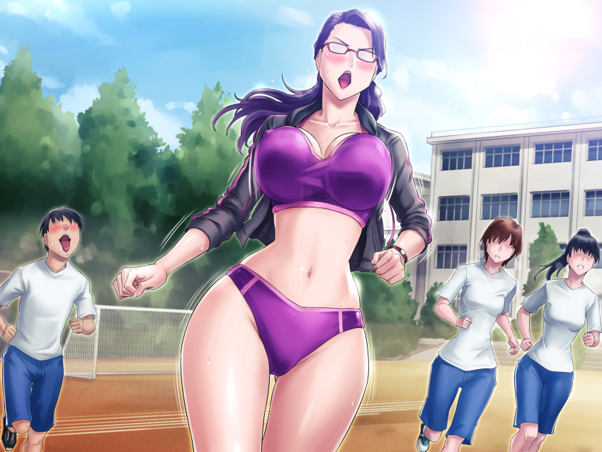 1boy, 3girls, blush, bouncing_breasts, breasts, buruma, cleavage, cloud, covered_erect_nipples, cowboy_shot, day, female_teacher, floating_hair, glasses, grassturtle, groin, gym_uniform, high_ponytail, highres, jacket, large_breasts, legs, long_hair, medium_breasts, motion_lines, multiple_girls, navel, no_eyes, open_clothes, open_jacket, open_mouth, original, outdoors, parted_lips, ponytail, purple_hair, running, s_kyoushi_na_kagami-sensei_to_m_haha_na_ryouko-san_2, saliva, school, shoes, sky, sneakers, standing, sweat, teacher, teacher_and_student, thighs, track_and_field, tree, watch, wristwatch