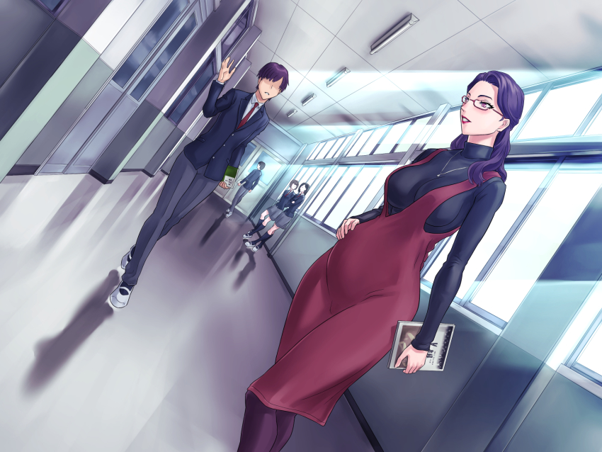 2boys, 3girls, blush, book, breasts, day, dress, dutch_angle