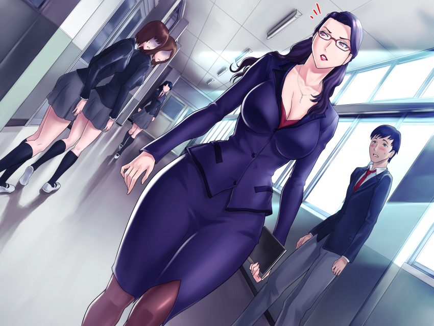 1boy, 4girls, blush, book, breasts, brown_hair, cleavage, day